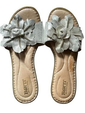 US 8 Born Silver Floral Slide Sandals